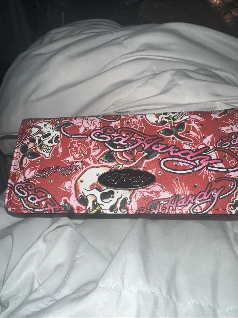NWT Ed Hardy Red Skull & Rose Graphic Wallet lots of card and pocket rhinestones